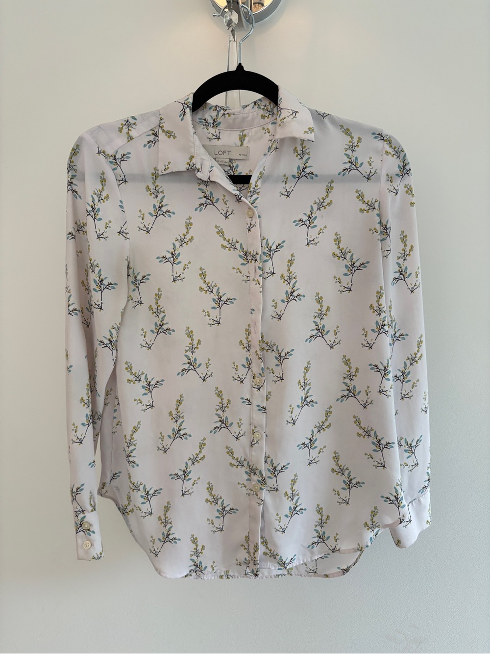 LOFT White Button-Up Shirt with Green and Blue Floral Print
